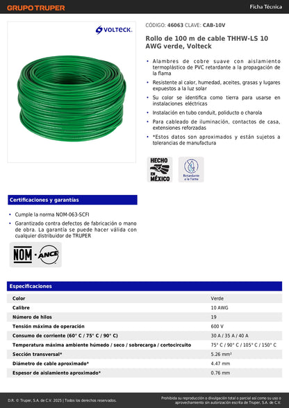 Cable THHW-LS 10 AWG Verde 100m Volteck - Solución Profesional para Instalaciones Eléctricas Seguras