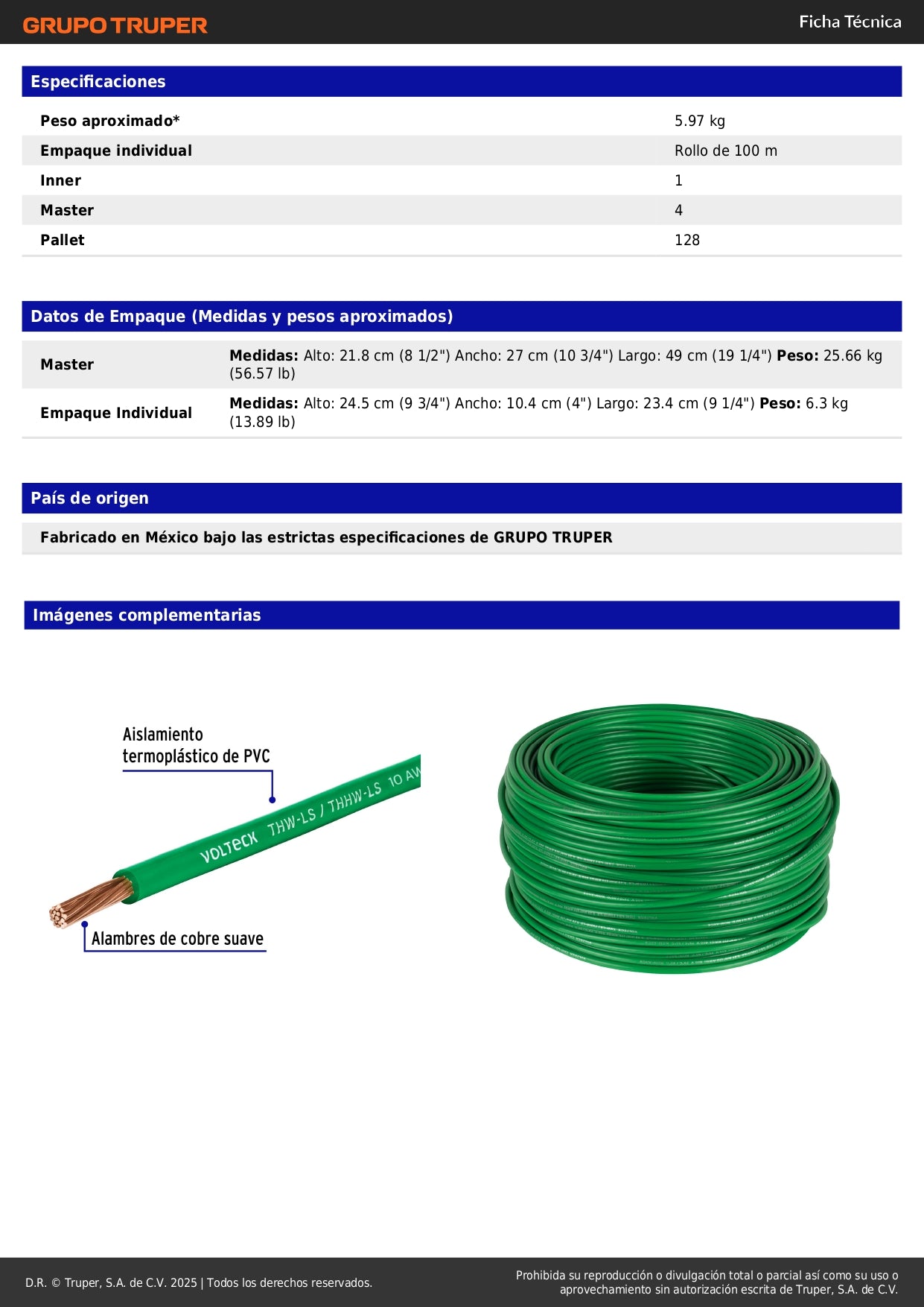 Cable THHW-LS 10 AWG Verde 100m Volteck - Solución Profesional para Instalaciones Eléctricas Seguras