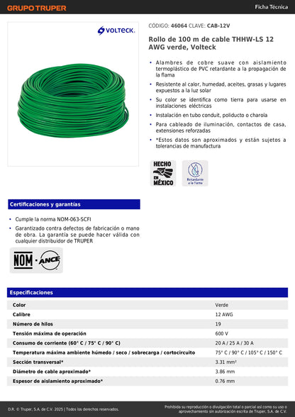 Cable THHW-LS 12 AWG Verde 100m Volteck - Instalación Eléctrica Segura Resistente Calor Humedad - Cableado Iluminación Contactos Casa