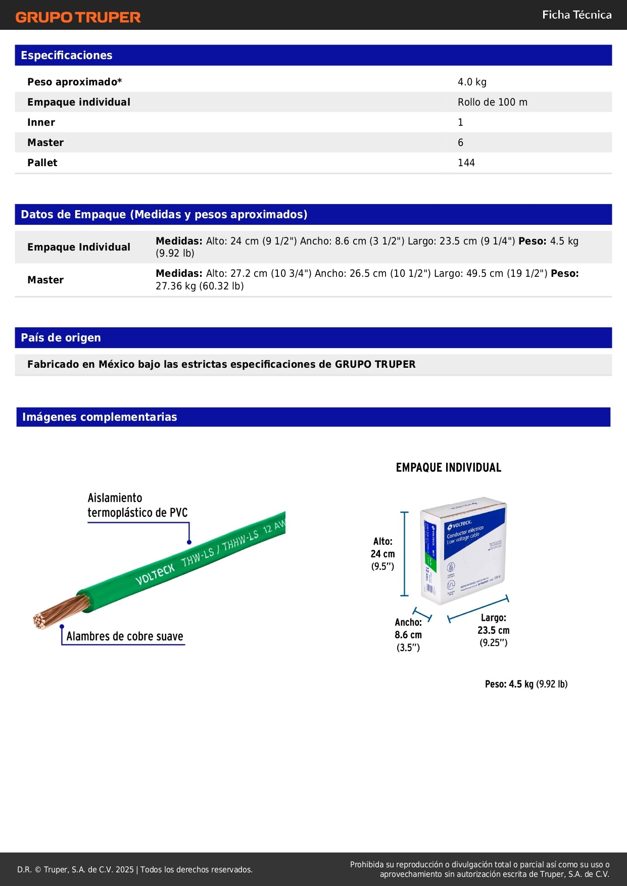 Cable THHW-LS 12 AWG Verde 100m Volteck - Instalación Eléctrica Segura Resistente Calor Humedad - Cableado Iluminación Contactos Casa