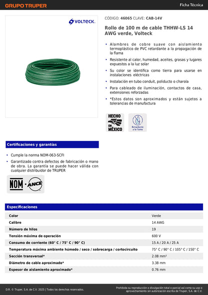 Cable THHW-LS 14 AWG Verde 100m Volteck - Instalación Eléctrica Segura Resistente Calor Humedad - Cableado Iluminación Contactos Casa