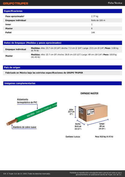 Cable THHW-LS 14 AWG Verde 100m Volteck - Instalación Eléctrica Segura Resistente Calor Humedad - Cableado Iluminación Contactos Casa