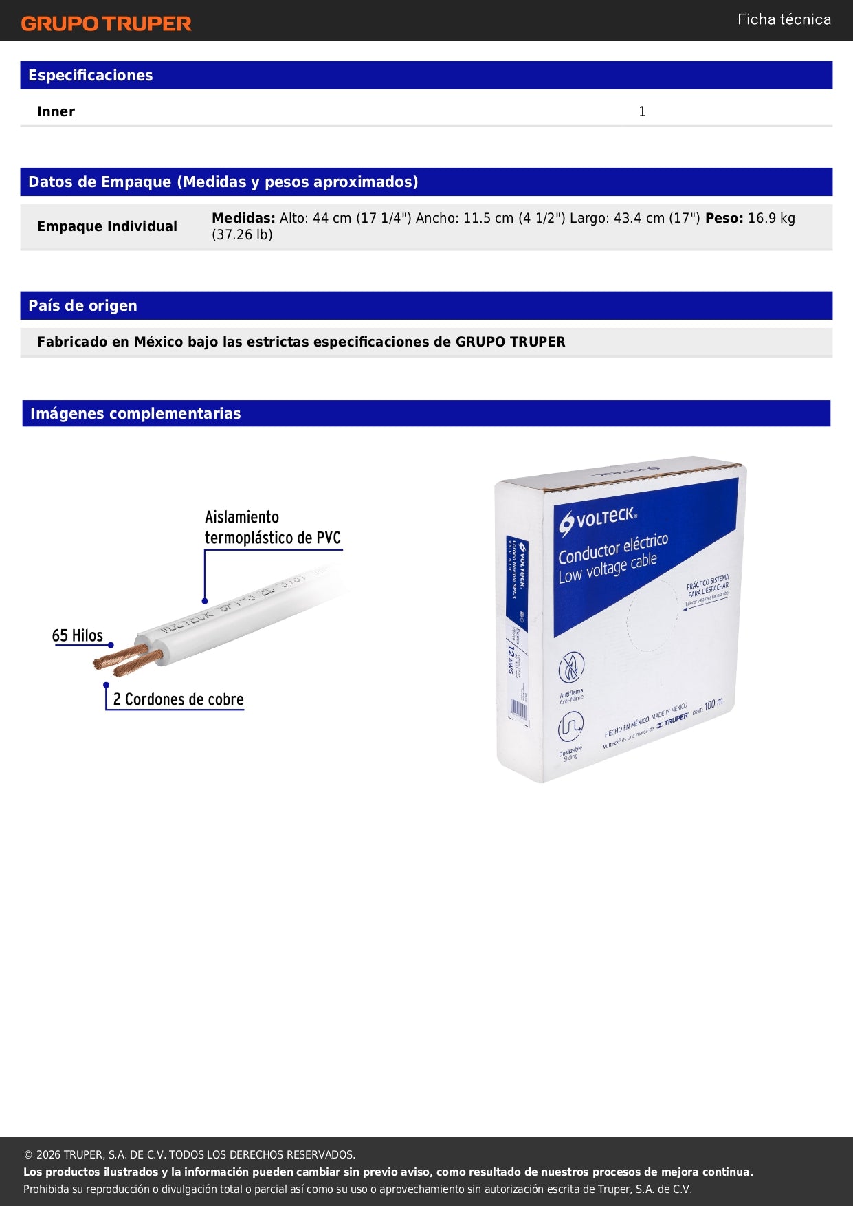 Rollo de 100 m de cordón dúplex flexible SPT 12 AWG, VOLTECK 100% cobre