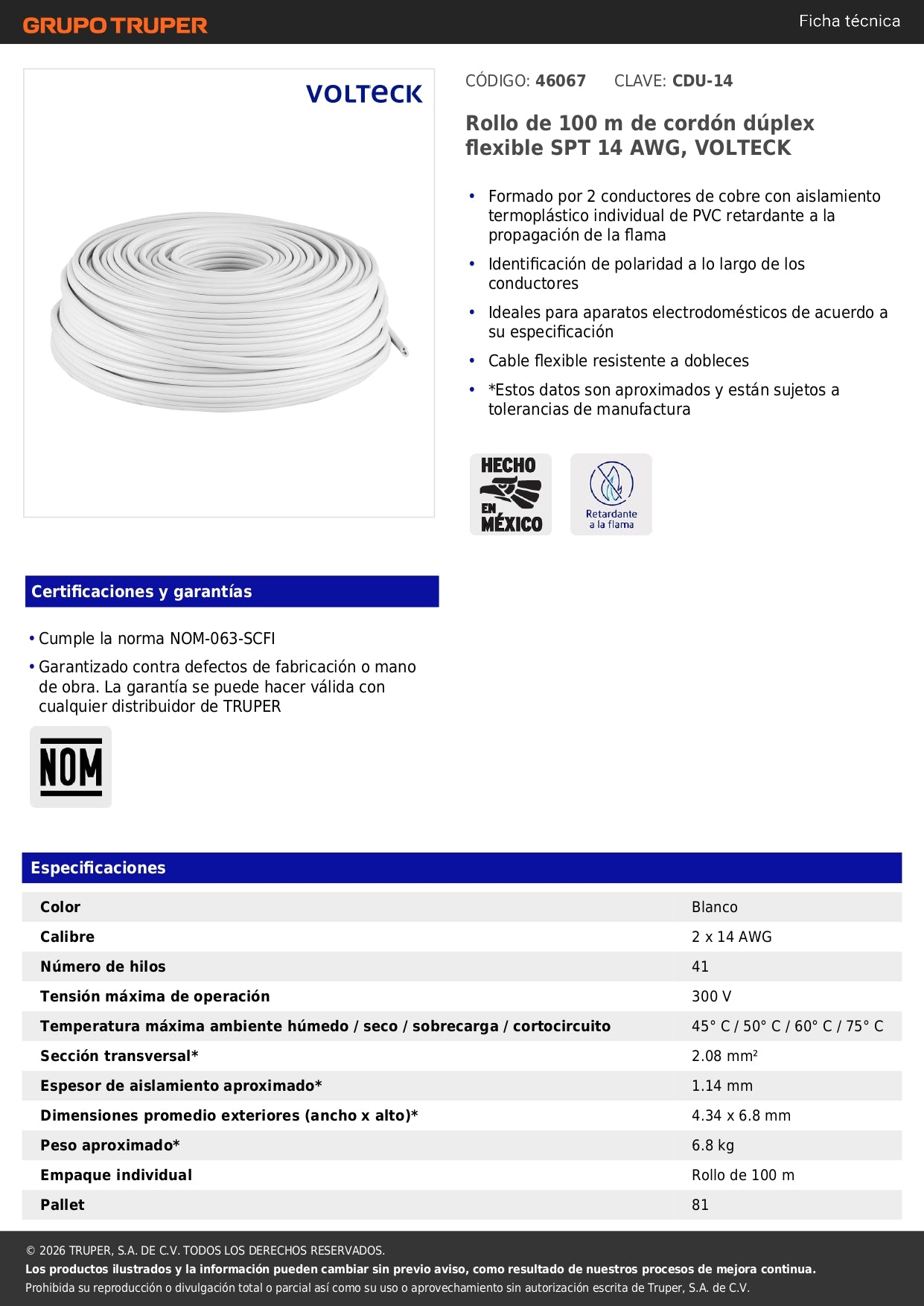 Rollo de 100 m de cordón dúplex flexible SPT 14 AWG, VOLTECK 100 % cobre