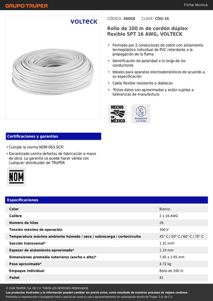 Rollo de 100 m de cordón dúplex flexible SPT 16 AWG, VOLTECK 100% cobre