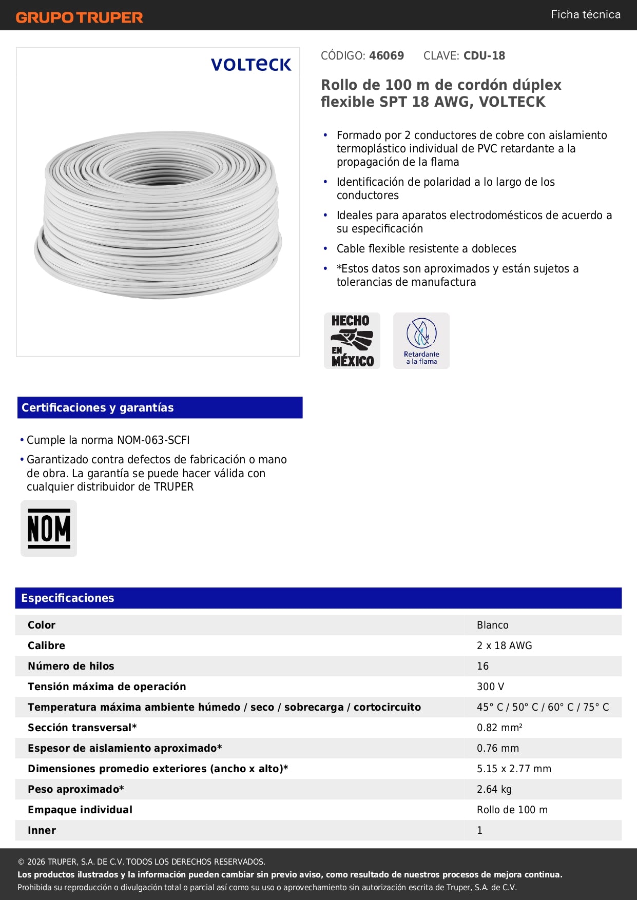 Rollo de 100 m de cordón dúplex flexible SPT 18 AWG, VOLTECK 100 % cobre