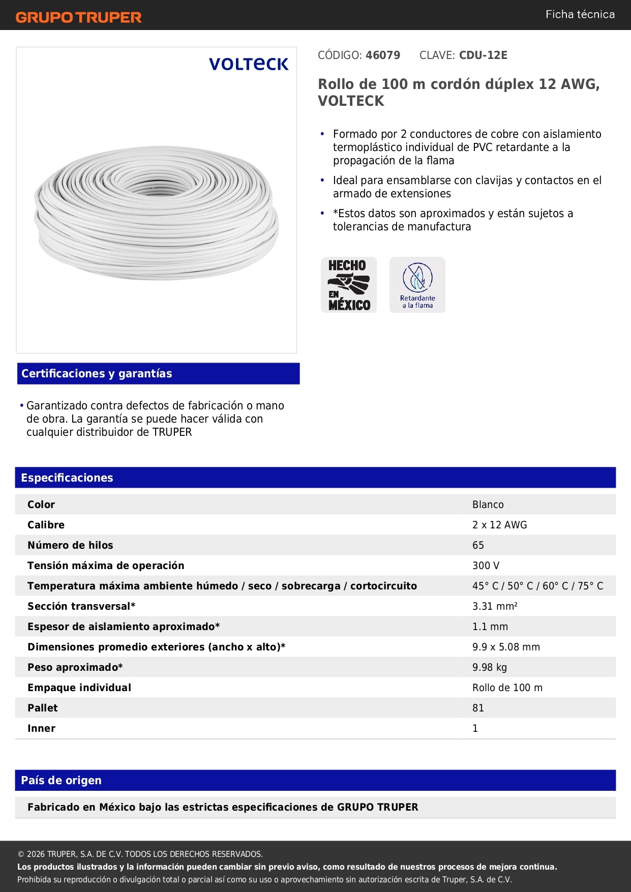 Rollo de 100 m cordón dúplex 12 AWG, VOLTECK 100 % cobre