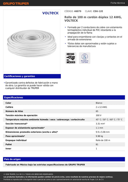 Rollo de 100 m cordón dúplex 12 AWG, VOLTECK 100 % cobre