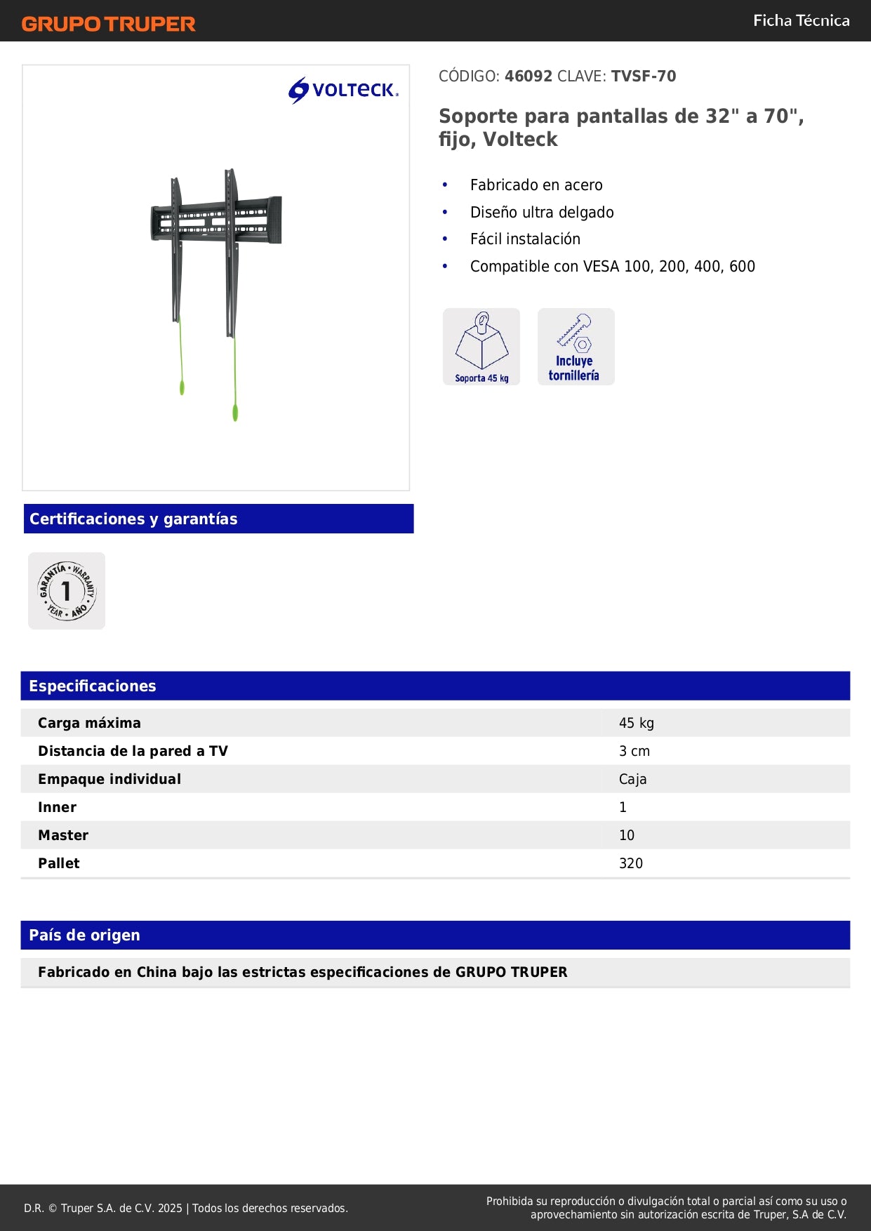 Soporte Fijo de Pared para TV 32-70 Pulgadas Volteck Ultra Delgado - Acero Compatible VESA