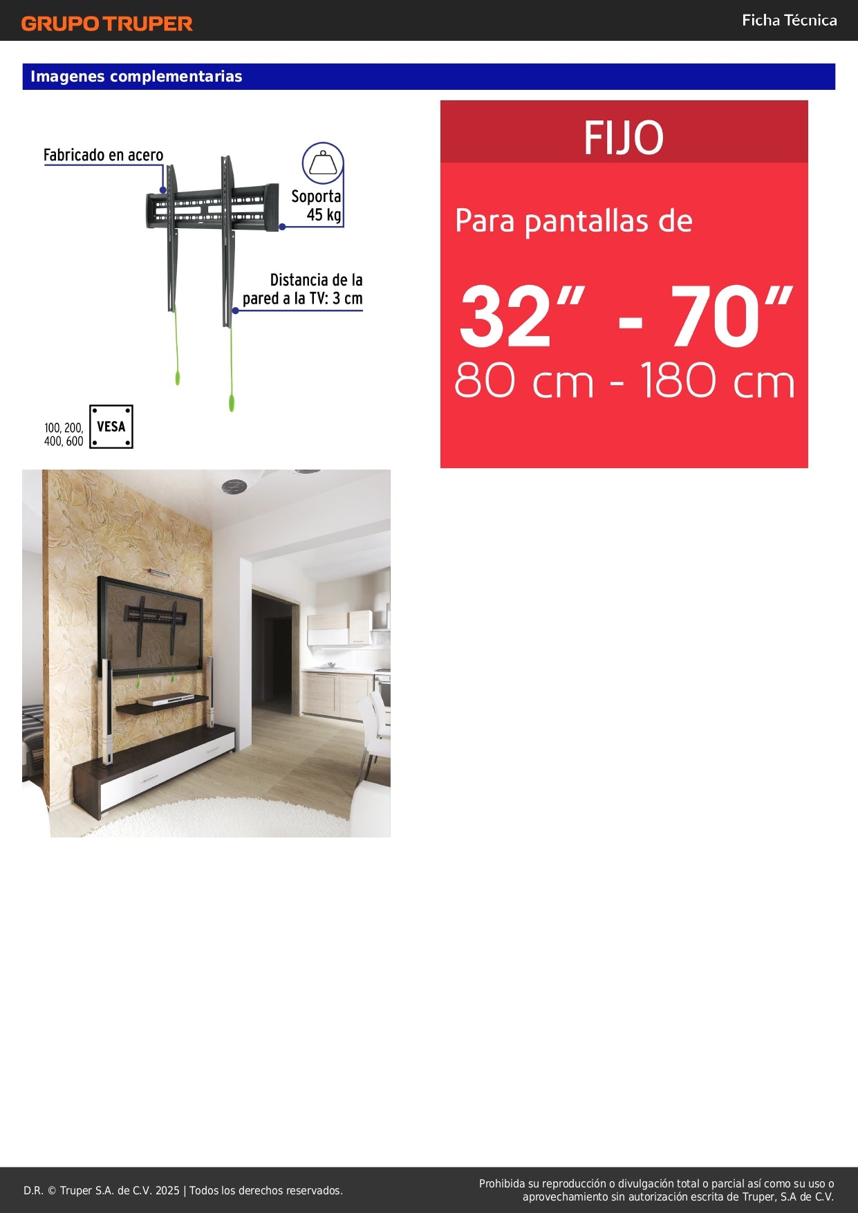 Soporte Fijo de Pared para TV 32-70 Pulgadas Volteck Ultra Delgado - Acero Compatible VESA