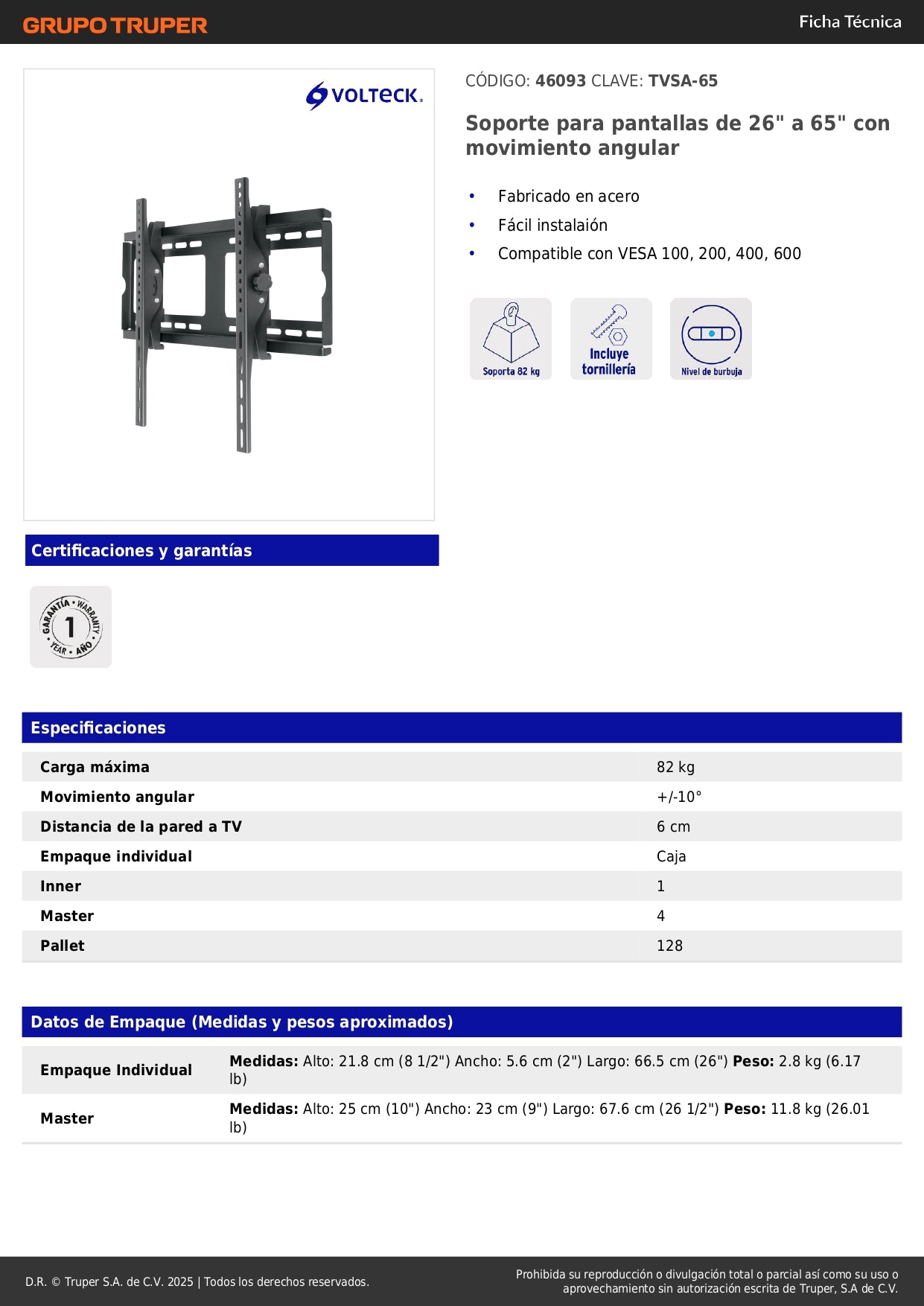 Soporte de Pared para TV 26-65 Pulgadas con Movimiento Angular - Acero Resistente Compatible VESA