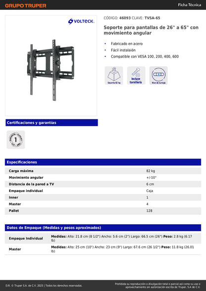 Soporte de Pared para TV 26-65 Pulgadas con Movimiento Angular - Acero Resistente Compatible VESA