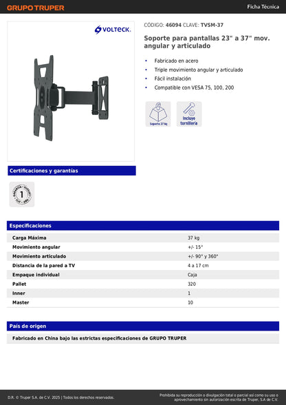 Soporte de Pared para TV 23-37 Pulgadas Triple Articulado Angular - Compatible VESA 75/100/200 - Acero Profesional