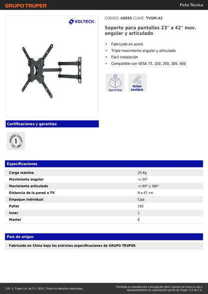 Soporte de Pared para TV 23-42 Pulgadas Triple Articulado Angular - Compatible VESA 75/100/200/300/400 - Acero Premium