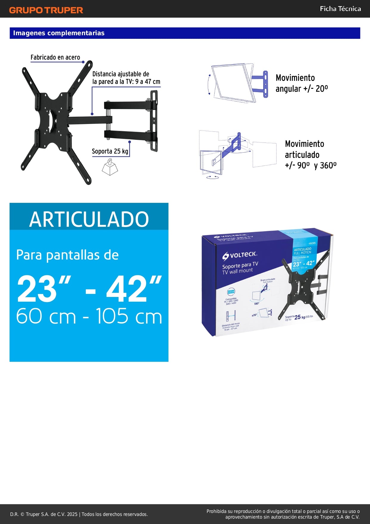 Soporte de Pared para TV 23-42 Pulgadas Triple Articulado Angular - Compatible VESA 75/100/200/300/400 - Acero Premium