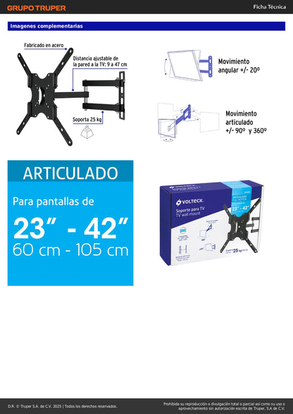 Soporte de Pared para TV 23-42 Pulgadas Triple Articulado Angular - Compatible VESA 75/100/200/300/400 - Acero Premium