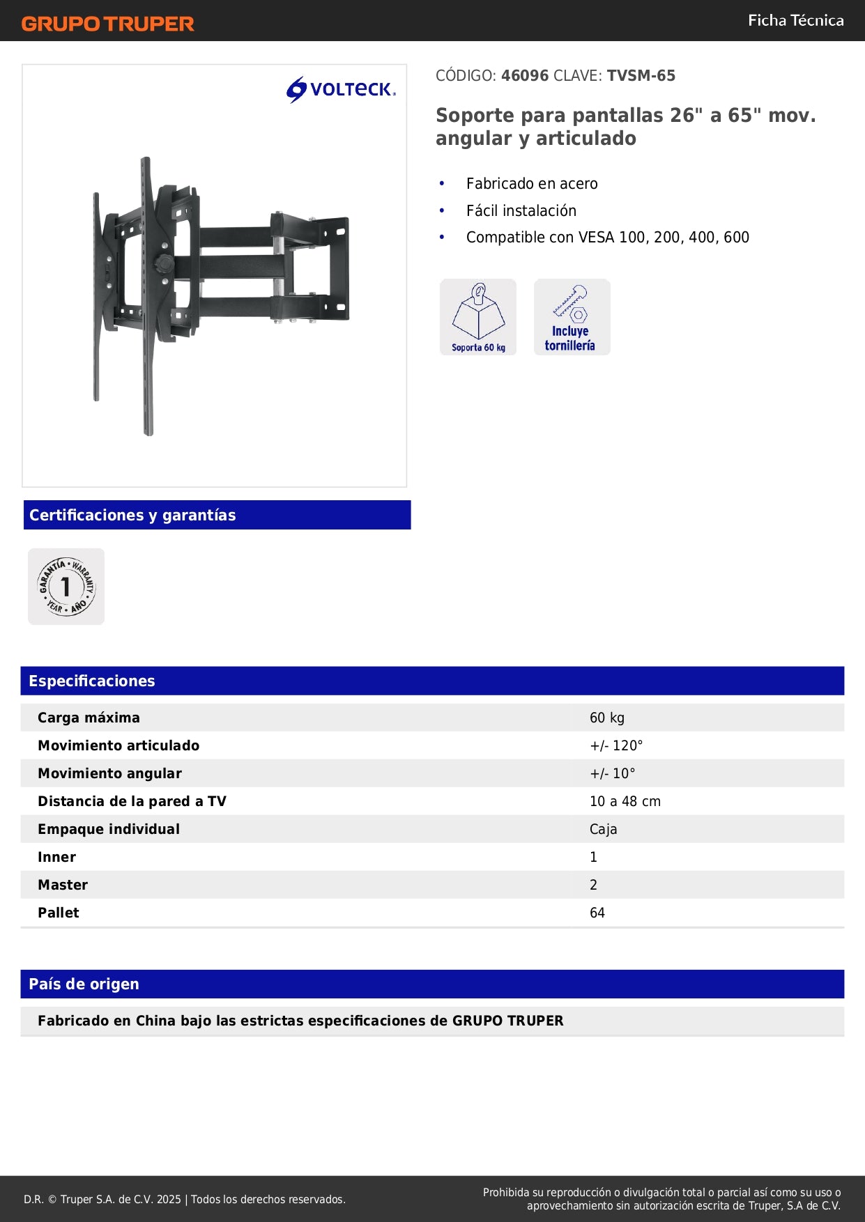 Soporte de Pared para TV 26-65 Pulgadas Articulado Angular - Compatible VESA 100/200/400/600 - Acero Resistente