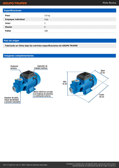 Bomba Periférica FOSET 1/2HP 30m Altura Máxima - Bombeo Agua Limpia Uso Agrícola BOAP-1/2F2