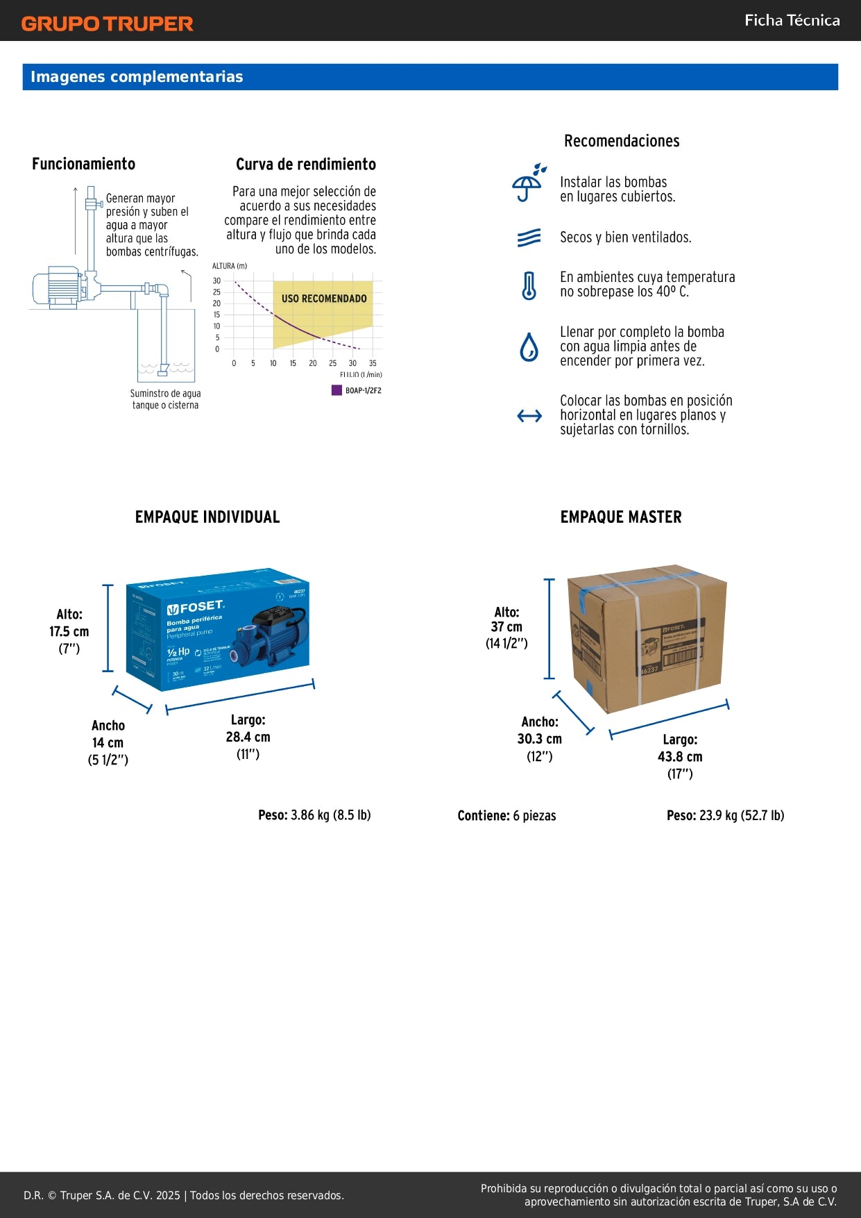 Bomba Periférica FOSET 1/2HP 30m Altura Máxima - Bombeo Agua Limpia Uso Agrícola BOAP-1/2F2