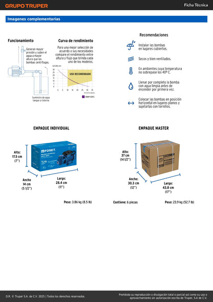 Bomba Periférica FOSET 1/2HP 30m Altura Máxima - Bombeo Agua Limpia Uso Agrícola BOAP-1/2F2