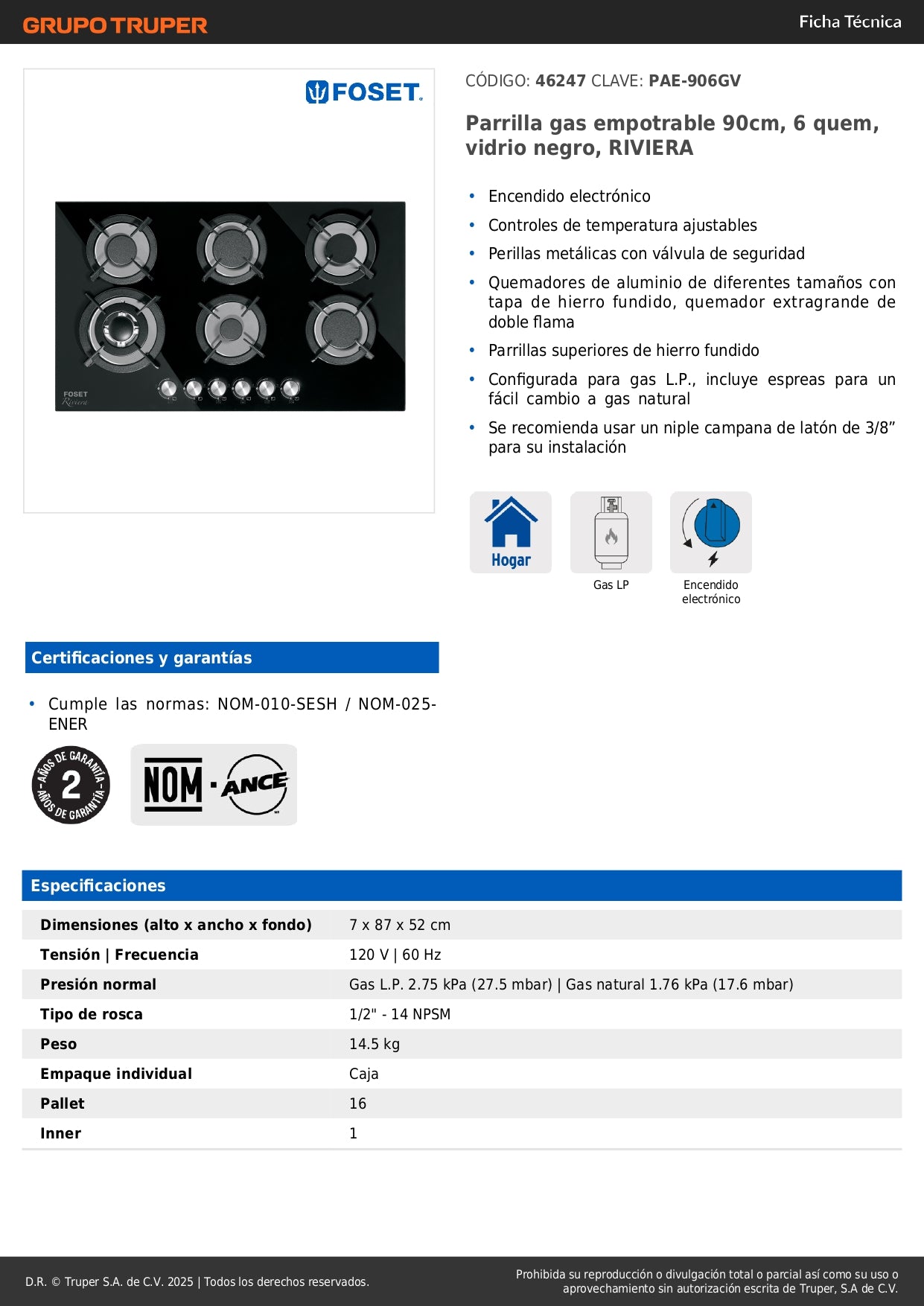 Parrilla Gas Empotrable 90cm RIVIERA - 6 Quemadores Vidrio Negro con Encendido Electrónico y Doble Flama Profesional
