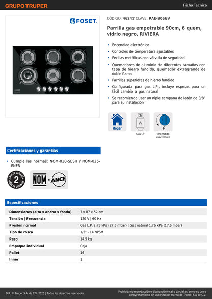 Parrilla Gas Empotrable 90cm RIVIERA - 6 Quemadores Vidrio Negro con Encendido Electrónico y Doble Flama Profesional