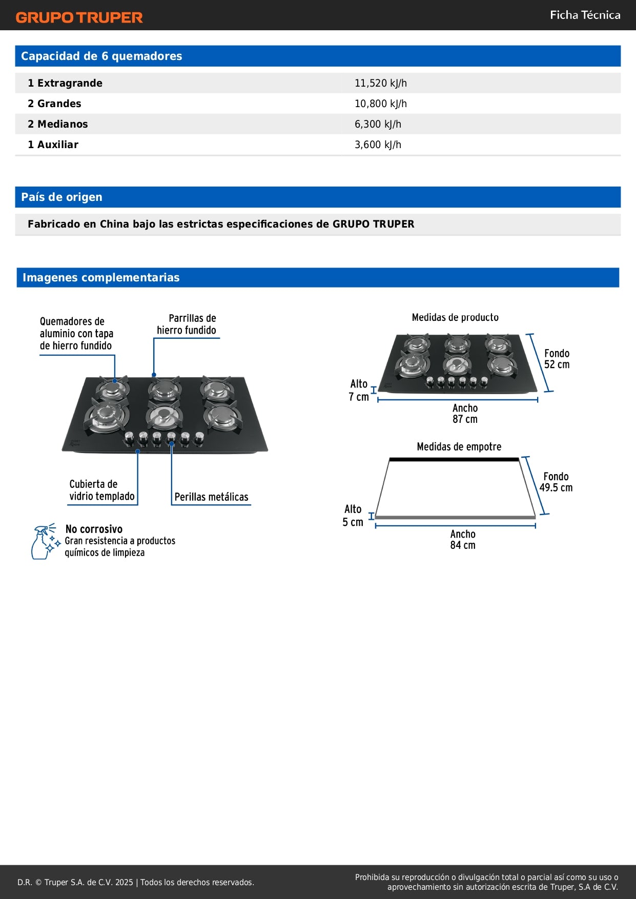 Parrilla Gas Empotrable 90cm RIVIERA - 6 Quemadores Vidrio Negro con Encendido Electrónico y Doble Flama Profesional