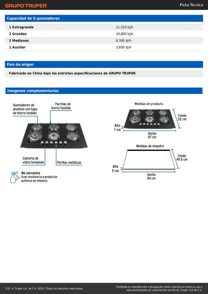 Parrilla Gas Empotrable 90cm RIVIERA - 6 Quemadores Vidrio Negro con Encendido Electrónico y Doble Flama Profesional