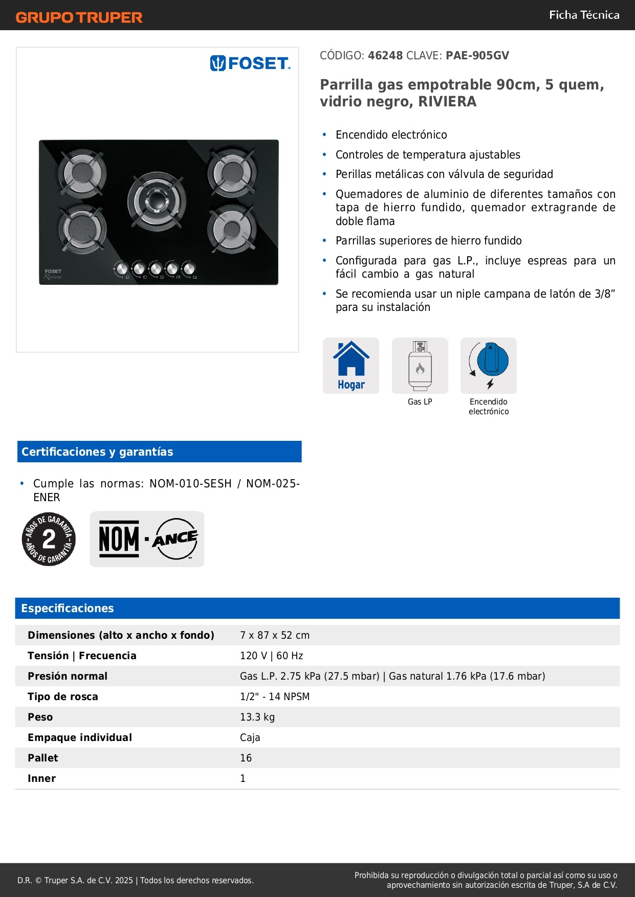 Parrilla Gas Empotrable 90cm RIVIERA - 5 Quemadores Vidrio Negro con Encendido Electrónico y Doble Flama Profesional