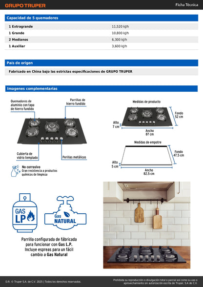 Parrilla Gas Empotrable 90cm RIVIERA - 5 Quemadores Vidrio Negro con Encendido Electrónico y Doble Flama Profesional