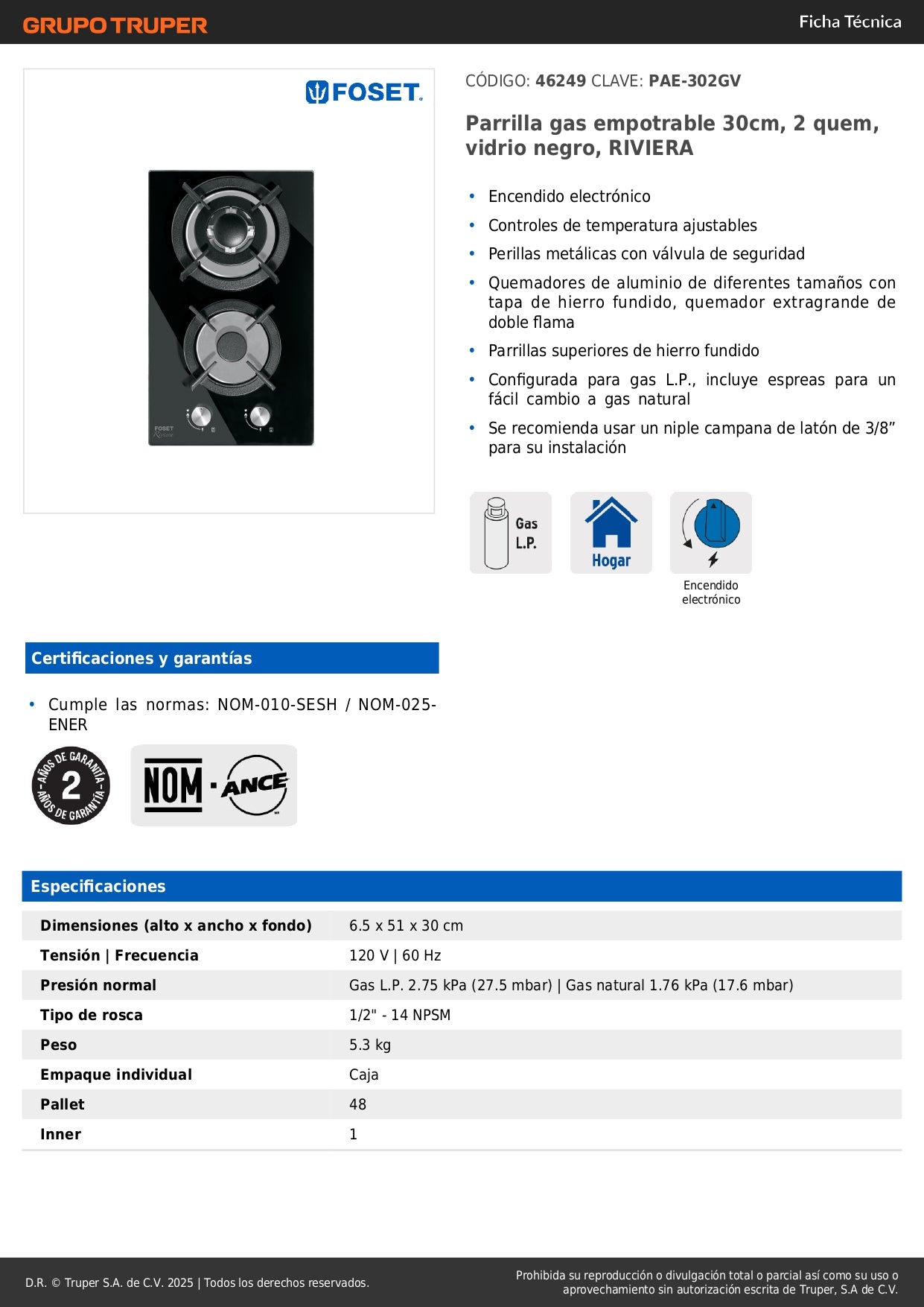 Parrilla Gas Empotrable 30cm RIVIERA - 2 Quemadores Vidrio Negro con Encendido Electrónico y Doble Flama