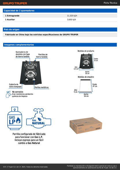 Parrilla Gas Empotrable 30cm RIVIERA - 2 Quemadores Vidrio Negro con Encendido Electrónico y Doble Flama
