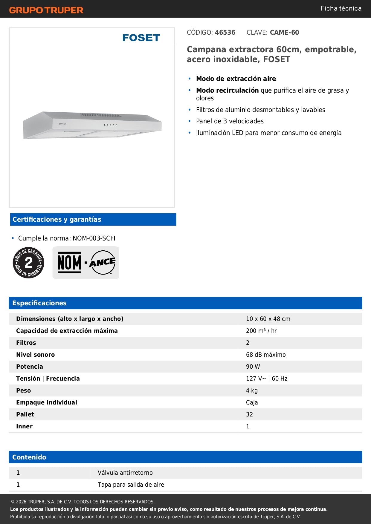 Campana Extractora Empotrable 60cm Acero Inoxidable FOSET - Cocina