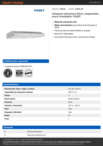 Campana Extractora Empotrable 60cm Acero Inoxidable FOSET - Cocina