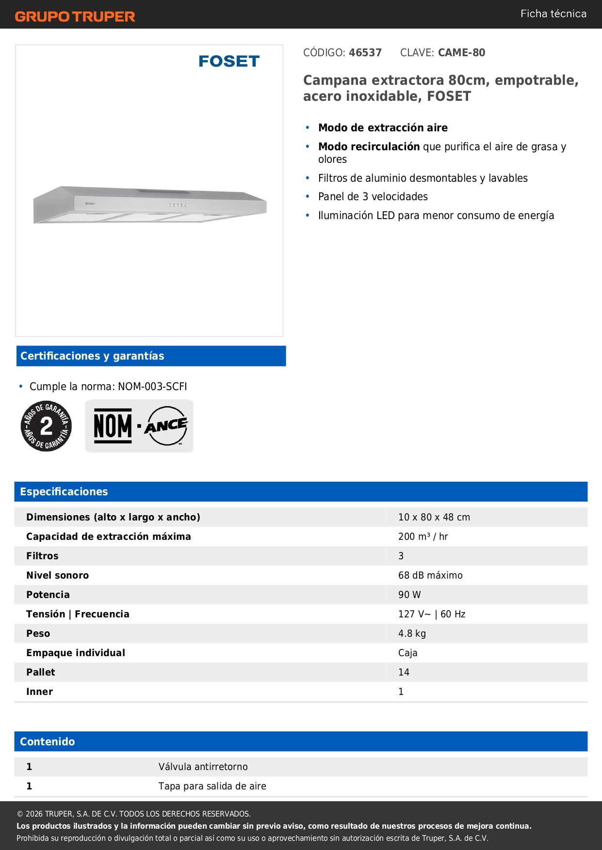 Campana Extractora 80cm Empotrable Acero Inoxidable FOSET - Cocina Integral