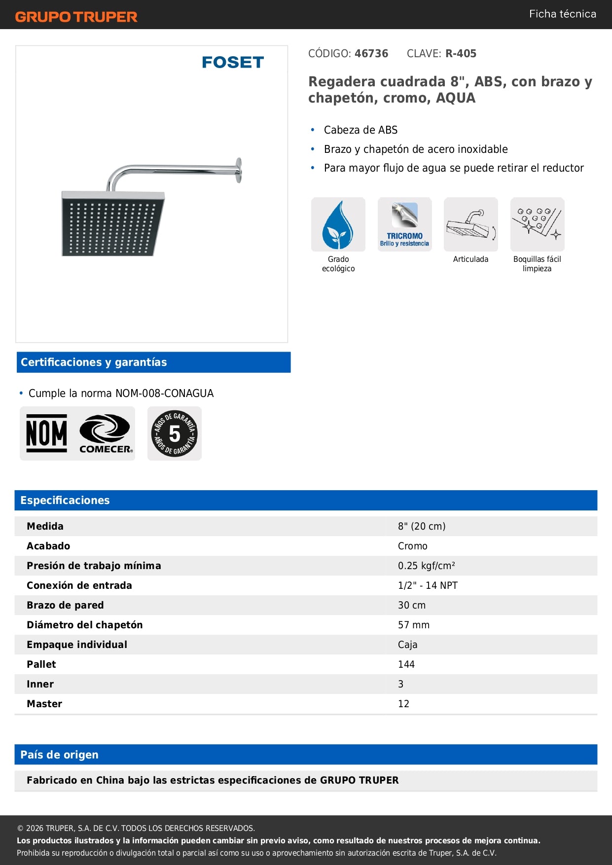 Regadera de Ducha Cuadrada 8 Pulgadas Cromo AQUA FOSET con Brazo y Chapetón ABS