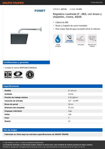 Regadera de Ducha Cuadrada 8 Pulgadas Cromo AQUA FOSET con Brazo y Chapetón ABS