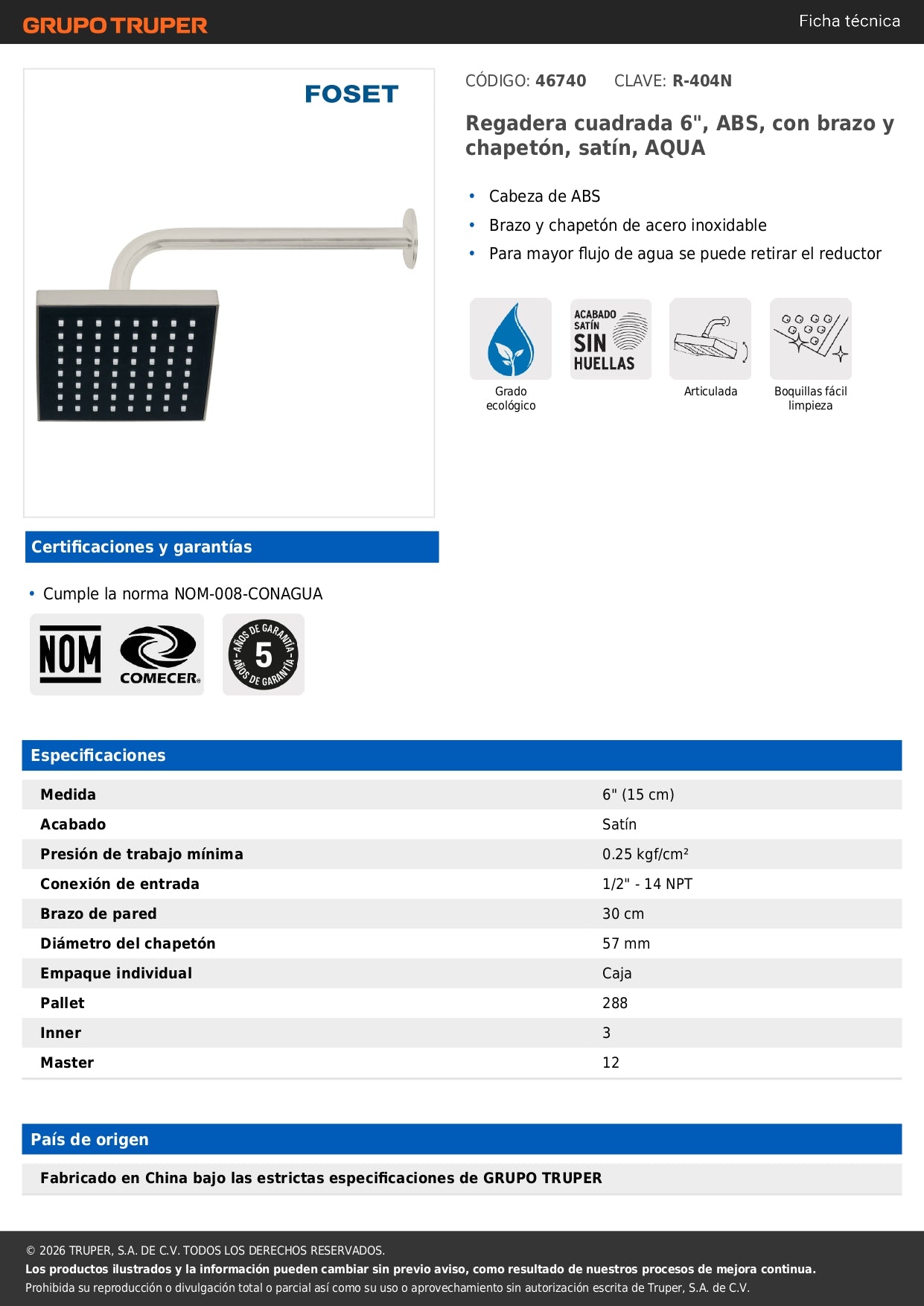 Regadera Cuadrada 6 Pulgadas FOSET AQUA - Brazo y Chapetón ABS Satín para Baño