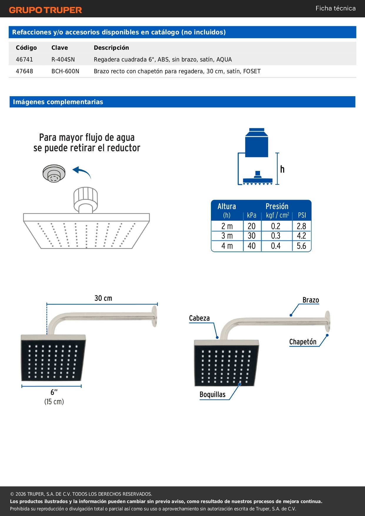 Regadera Cuadrada 6 Pulgadas FOSET AQUA - Brazo y Chapetón ABS Satín para Baño