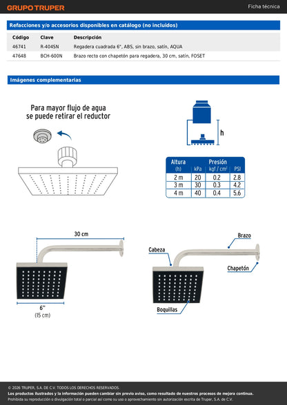 Regadera Cuadrada 6 Pulgadas FOSET AQUA - Brazo y Chapetón ABS Satín para Baño