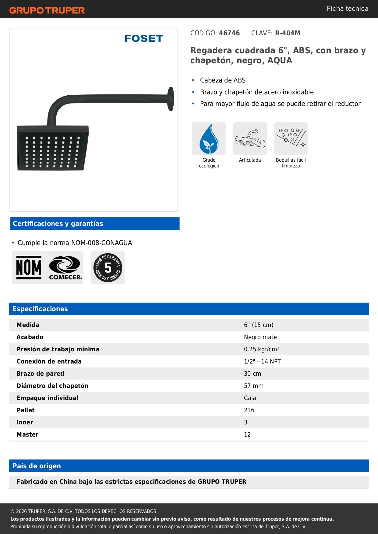 Regadera de Baño Cuadrada 6" Ajustable Negro - Brazo y Chapetón ABS - FOSET AQUA