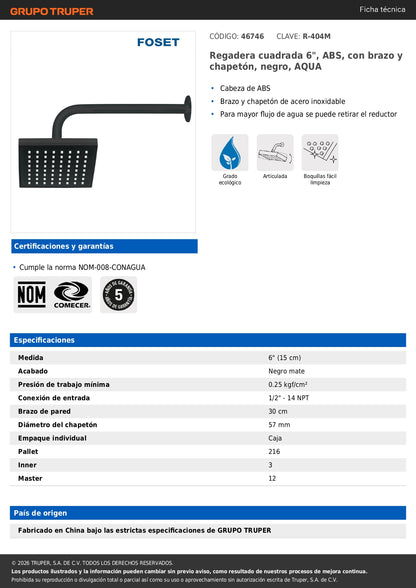 Regadera de Baño Cuadrada 6" Ajustable Negro - Brazo y Chapetón ABS - FOSET AQUA