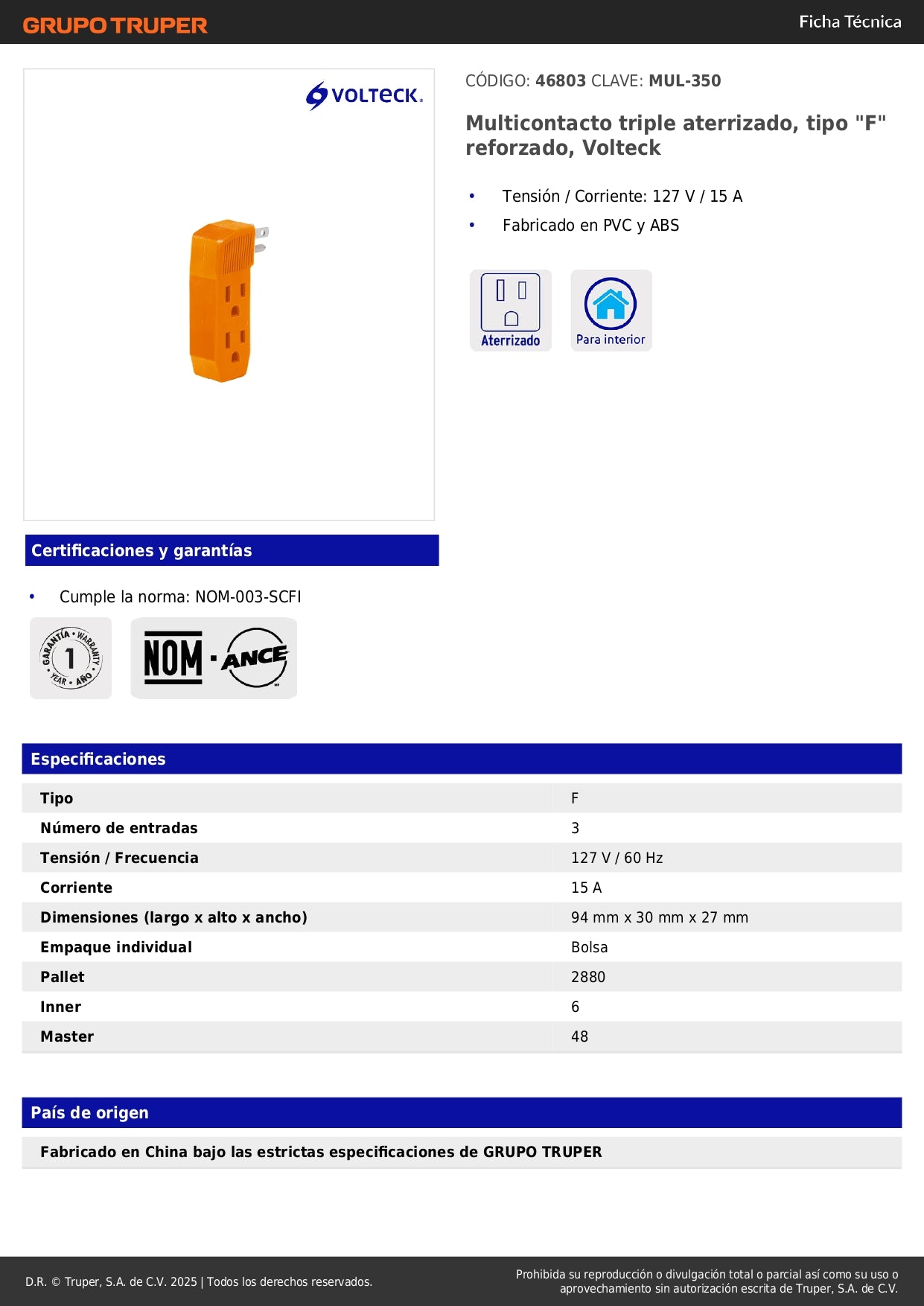 Multicontacto Triple Aterrizado Volteck MUL-350 - Solución Segura para Conexiones Eléctricas 127V 15A