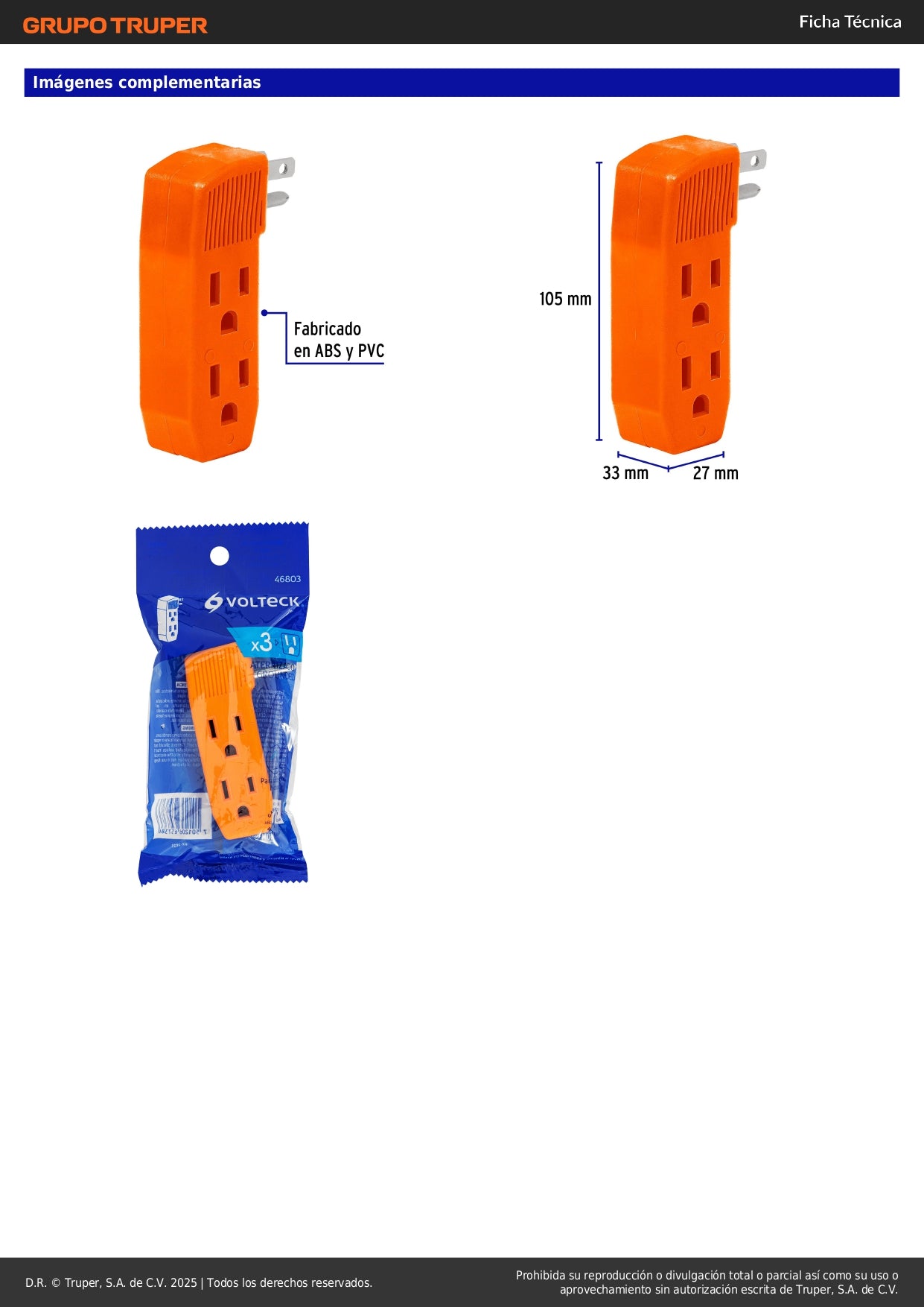 Multicontacto Triple Aterrizado Volteck MUL-350 - Solución Segura para Conexiones Eléctricas 127V 15A