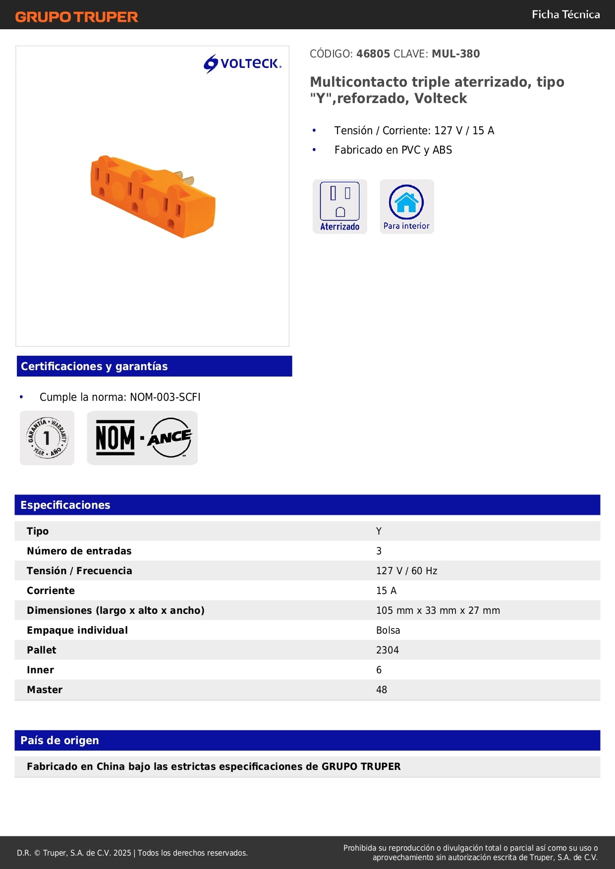 Multicontacto Triple Aterrizado Tipo Y Reforzado Volteck 127V 15A - Solución Segura para Múltiples Conexiones Eléctricas