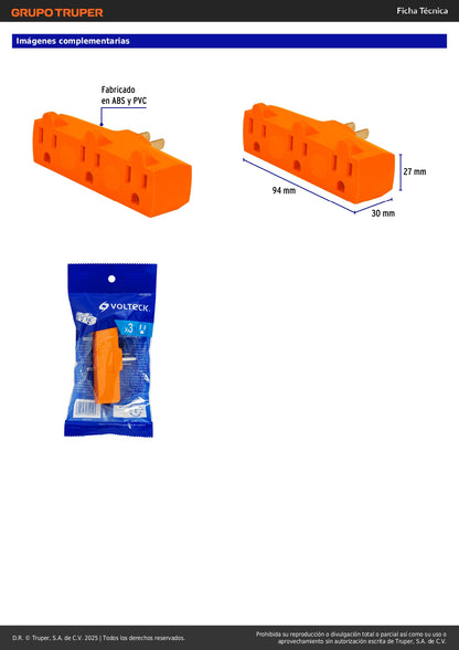 Multicontacto Triple Aterrizado Tipo Y Reforzado Volteck 127V 15A - Solución Segura para Múltiples Conexiones Eléctricas