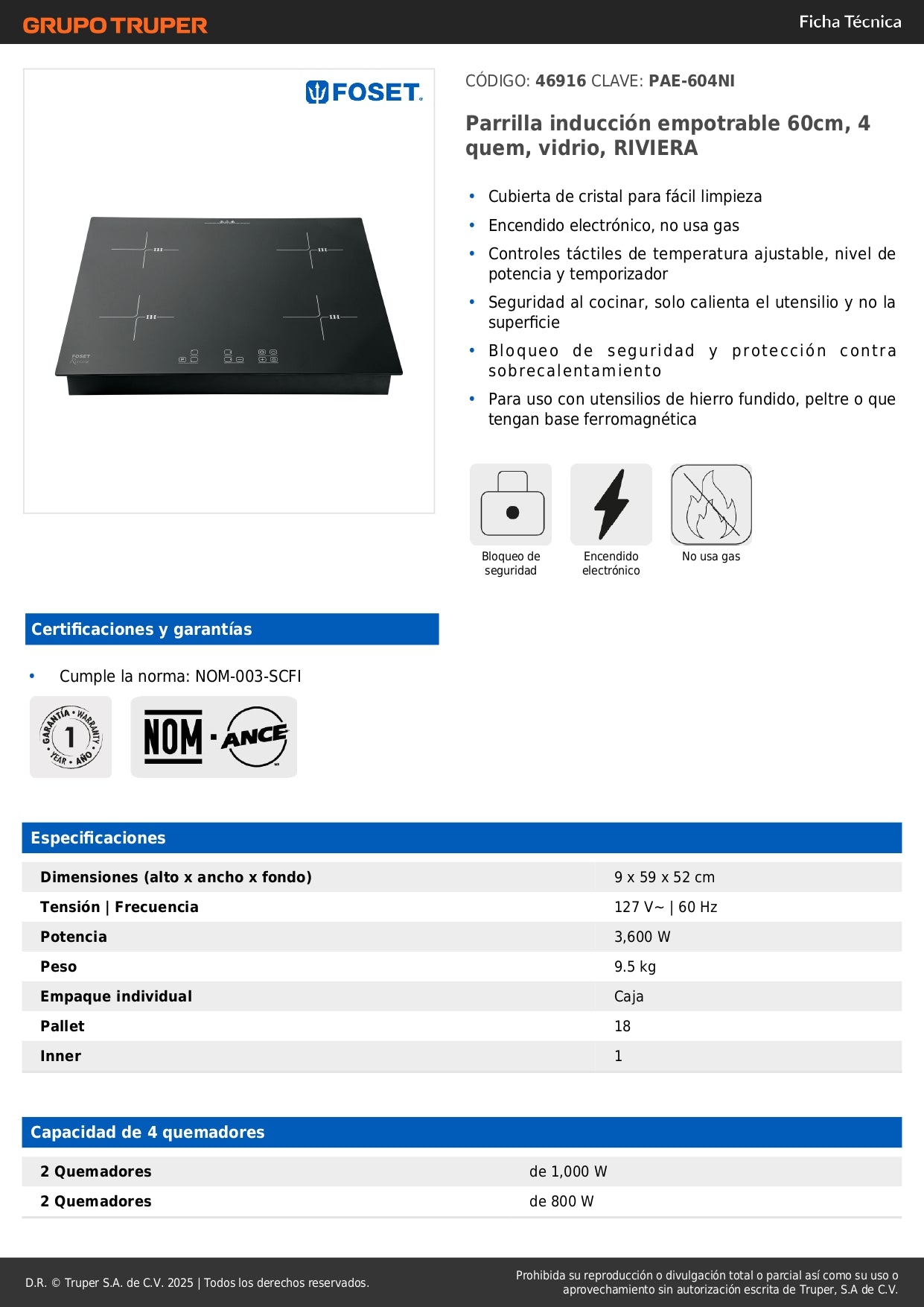Parrilla Inducción Empotrable RIVIERA 60cm 4 Quemadores Vidrio Templado - Control Táctil Profesional