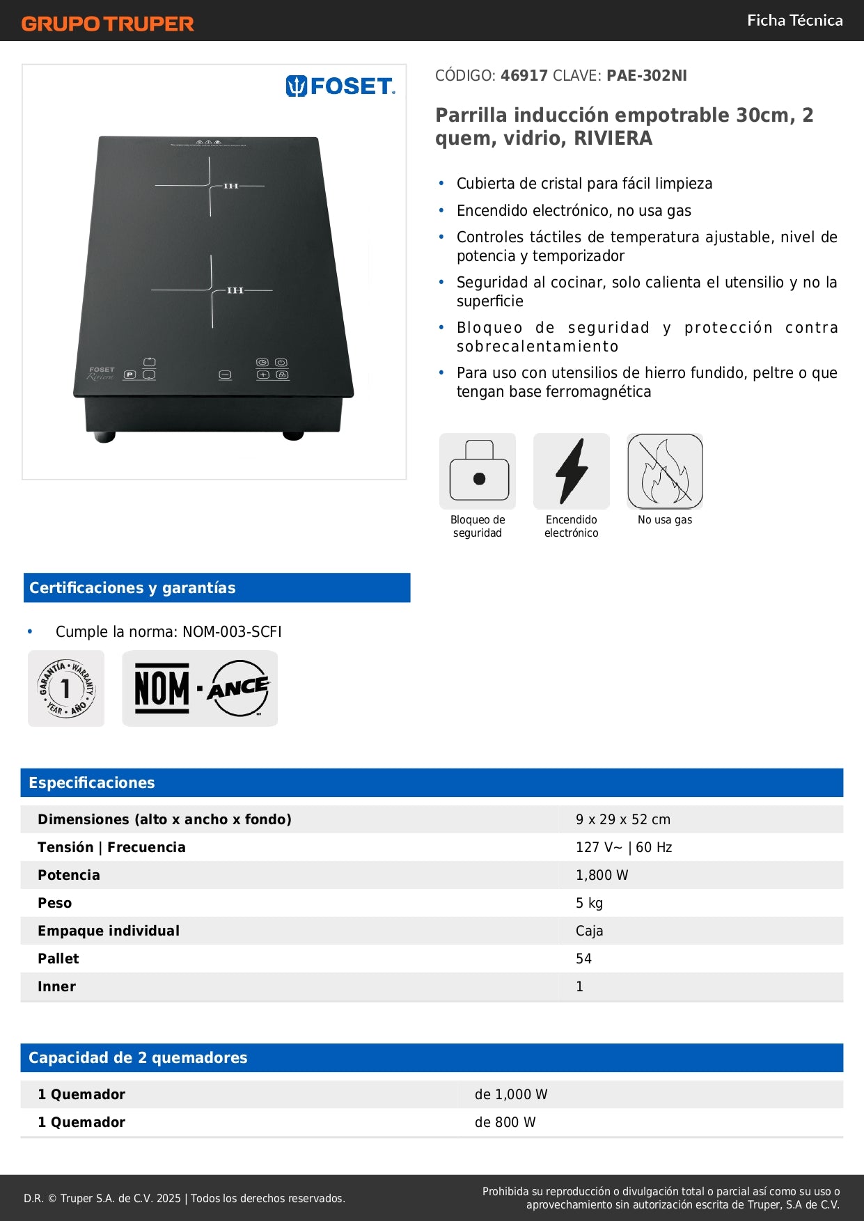 Parrilla Inducción Empotrable RIVIERA 30cm 2 Quemadores Vidrio Templado - Control Táctil