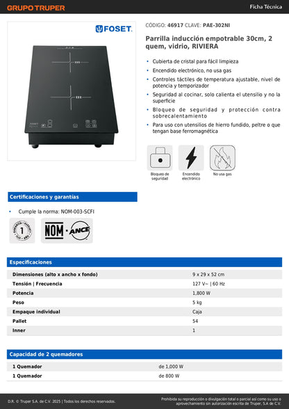 Parrilla Inducción Empotrable RIVIERA 30cm 2 Quemadores Vidrio Templado - Control Táctil