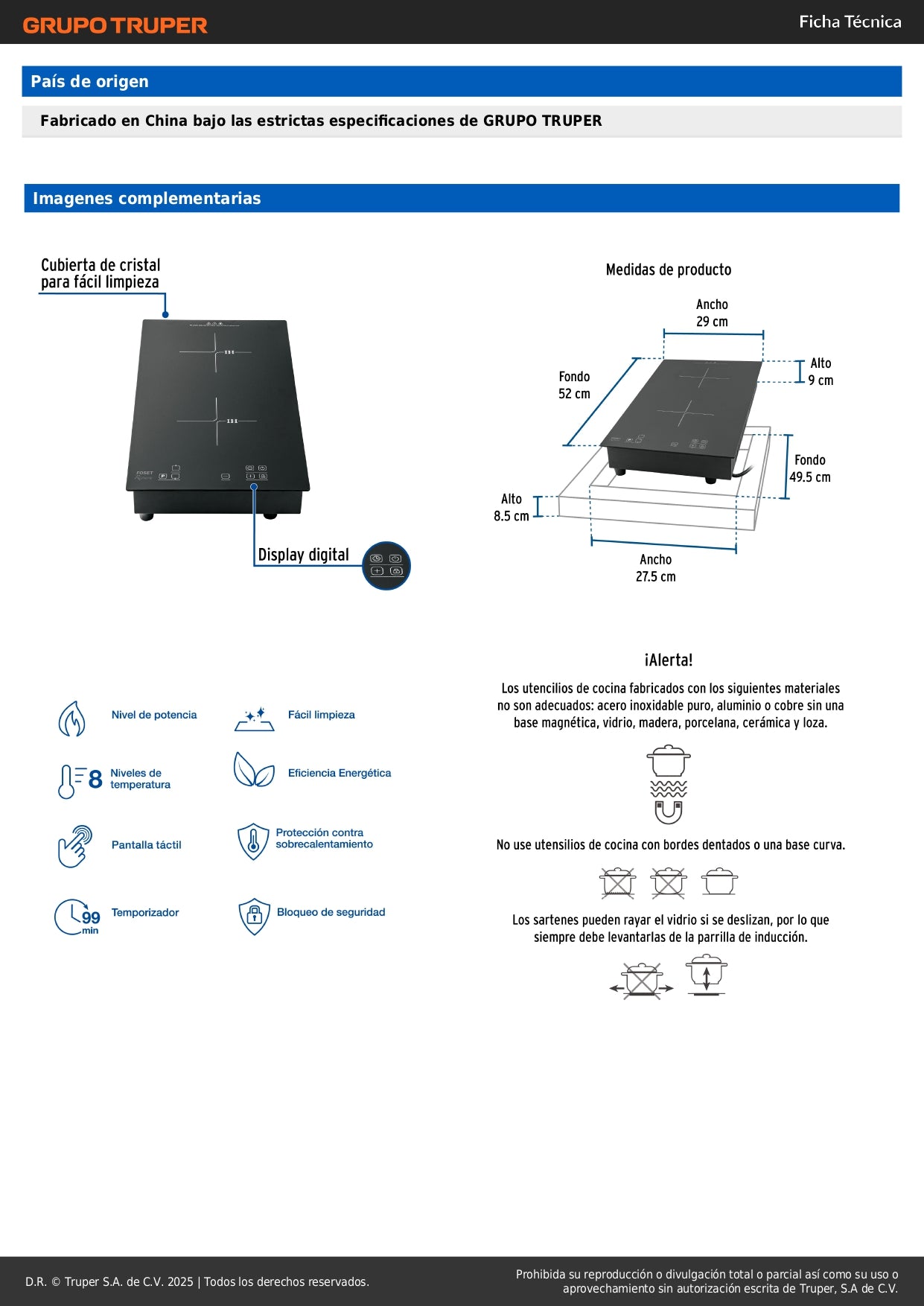Parrilla Inducción Empotrable RIVIERA 30cm 2 Quemadores Vidrio Templado - Control Táctil